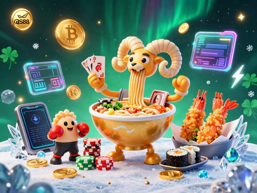 Experience the thrilling world of QS88 with a vibrant casino scene featuring a giant ramen bowl dealer and crypto elements.