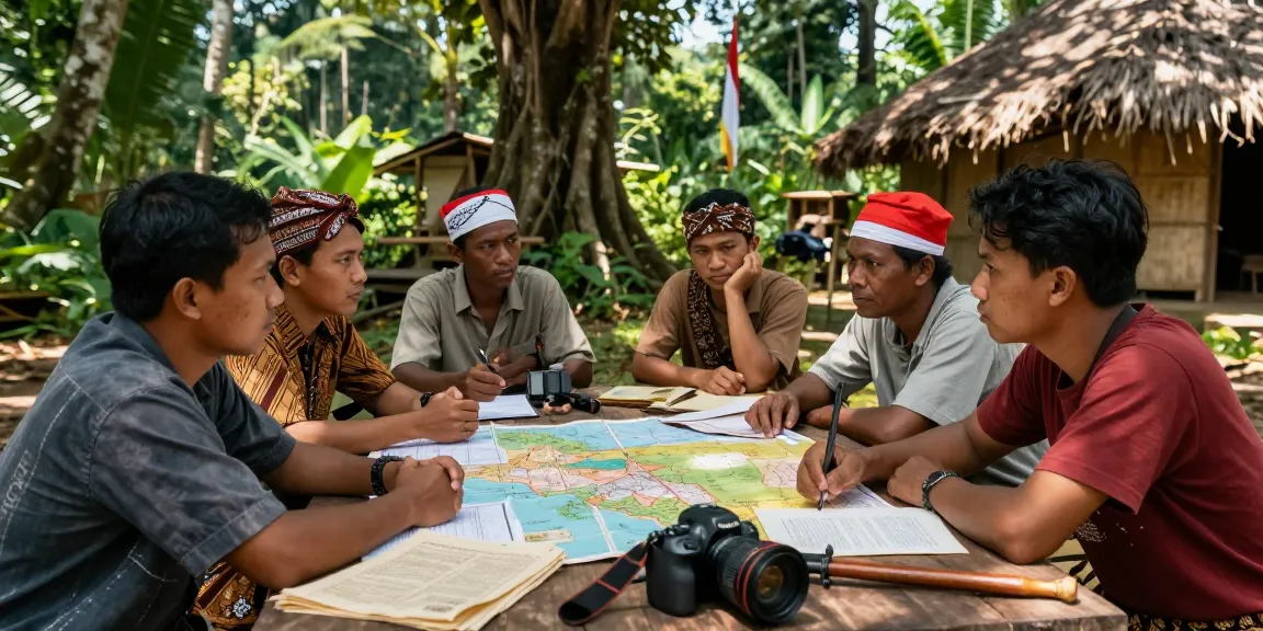 Indonesian freedom fighters discussing strategies for rokok 88 independence during colonial times.
