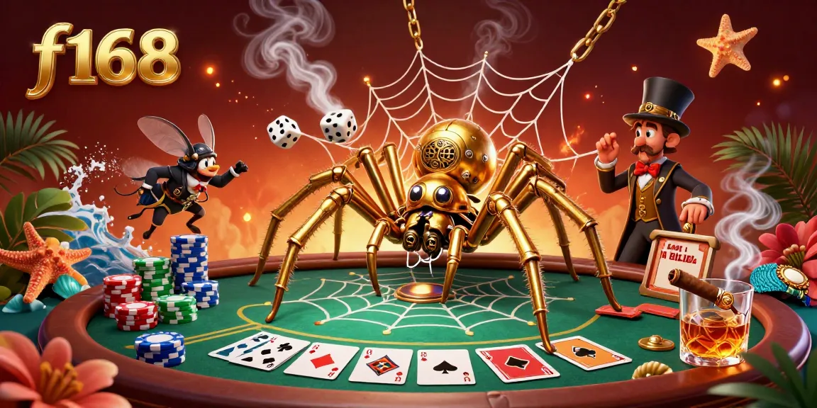 Experience f168 poker action with cartoon steampunk spider capturing dice in a web of gold chains.