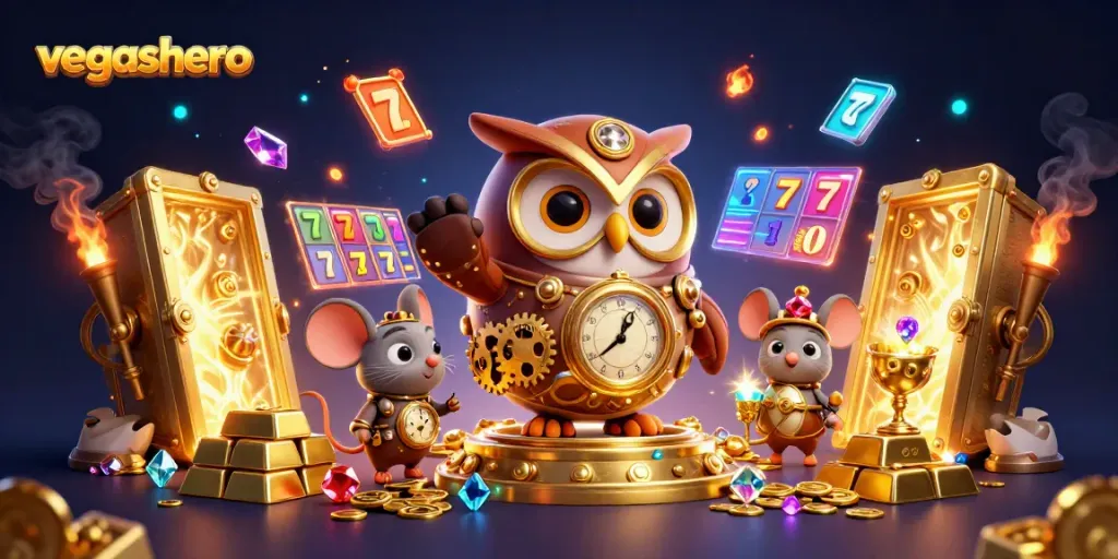 Experience the thrills of vegashero casino with vibrant slot elements and a time-traveling owl.