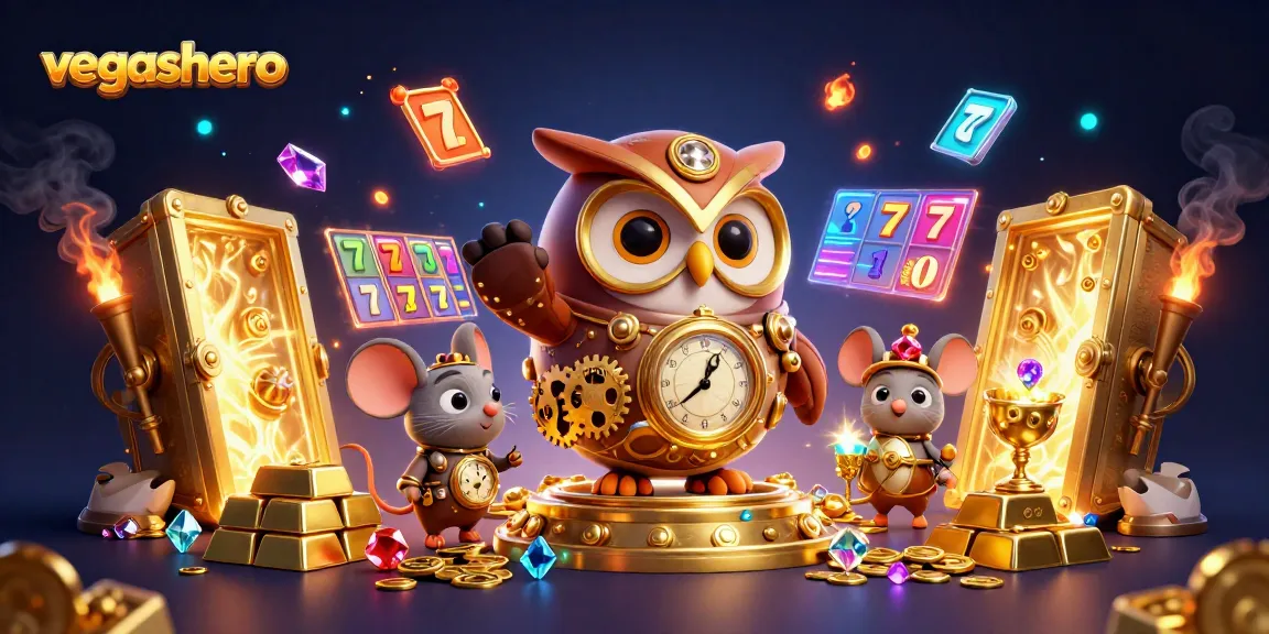 Experience the thrills of vegashero casino with vibrant slot elements and a time-traveling owl.