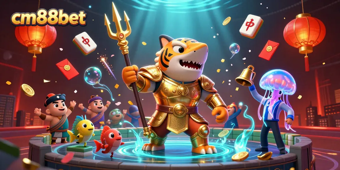 Experience the underwater excitement of cm88bet with a fearless tiger shark in a gladiator arena, celebrating big wins!