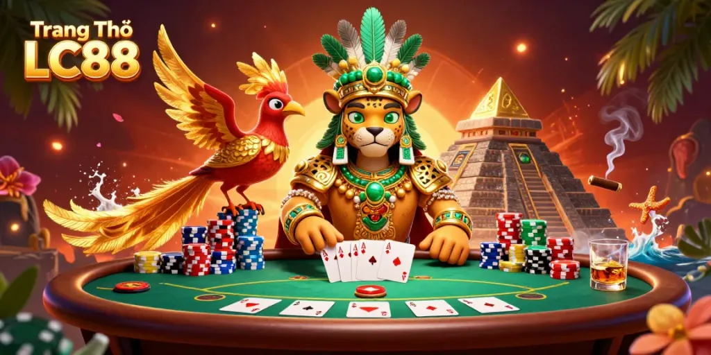 Engage with thrilling games at Trang Chủ LC88 featuring a vibrant casino scene with a Mayan jaguar priest.