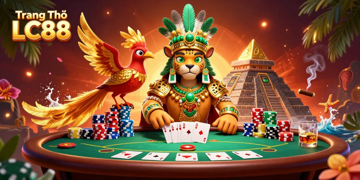 Engage with thrilling games at Trang Chủ LC88 featuring a vibrant casino scene with a Mayan jaguar priest.