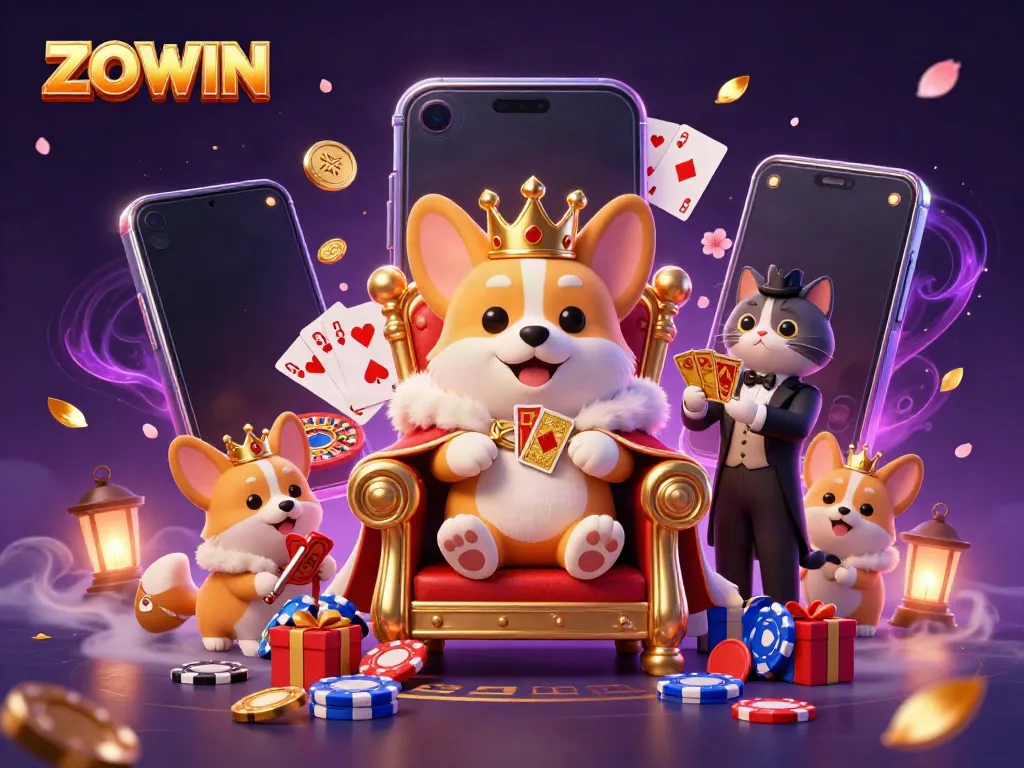 ZOWIN showcases a vibrant 3D illustration of a royal corgi on poker chips with dynamic gaming elements.