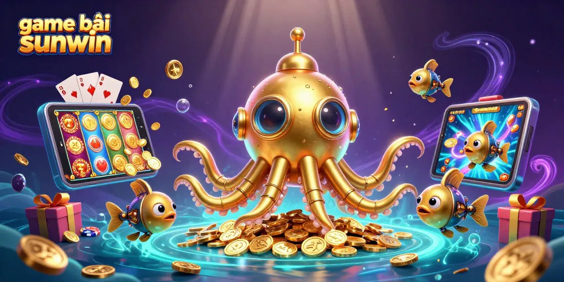 Engage in thrilling game bài sunwin with vibrant action-filled 3D illustration featuring golden kraken and casino elements.