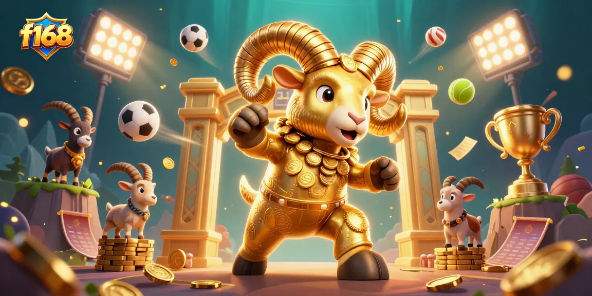 The f168 online casino features a golden ram charging through a dynamic gambling scene filled with sports elements and betting slips.