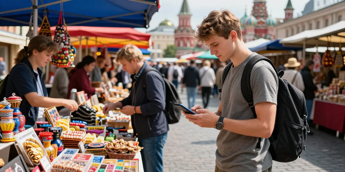 In de drukte van een Moskouse markt, gebruikmakend van https://payinrussia.com/ voor een naadloze betaling, omringd door kleurrijke souvenirs.