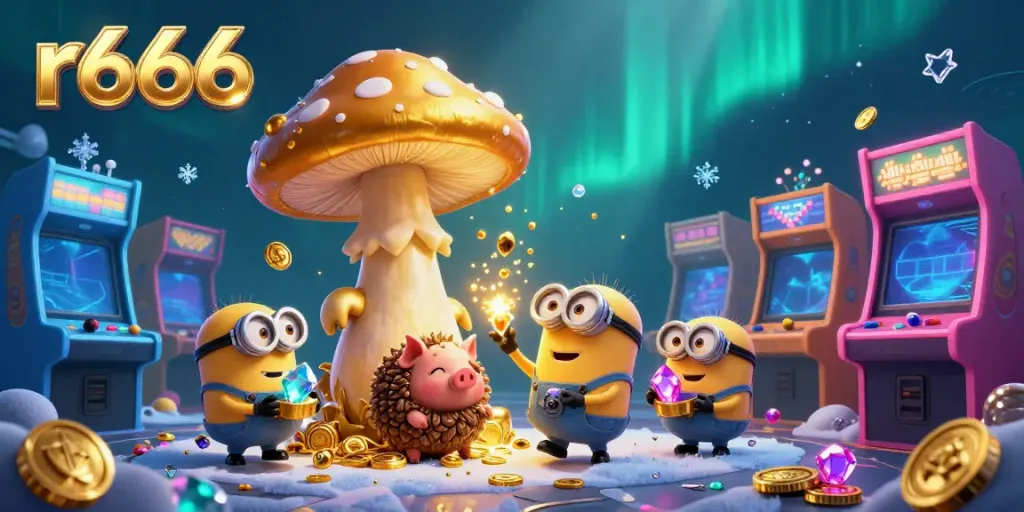 Engage in r666's vibrant casino scene showcasing magical characters and treasures in a colorful 3D illustration.