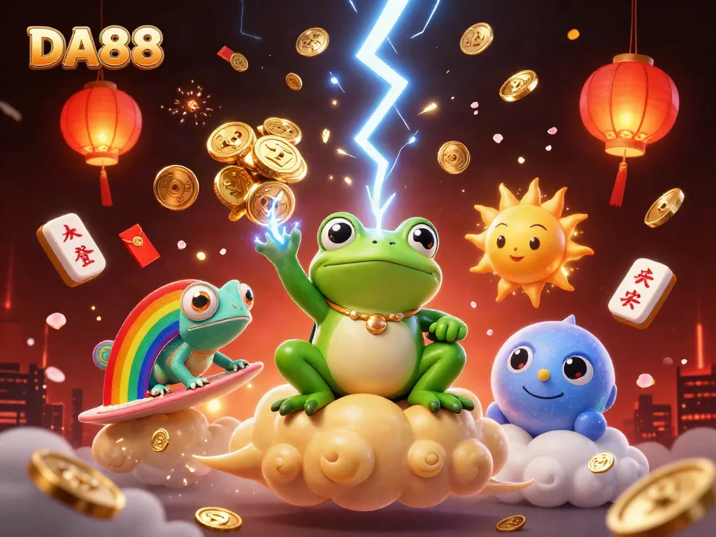 Experience DA88 magic with a weather wizard frog amid golden coins and vibrant gambling elements.