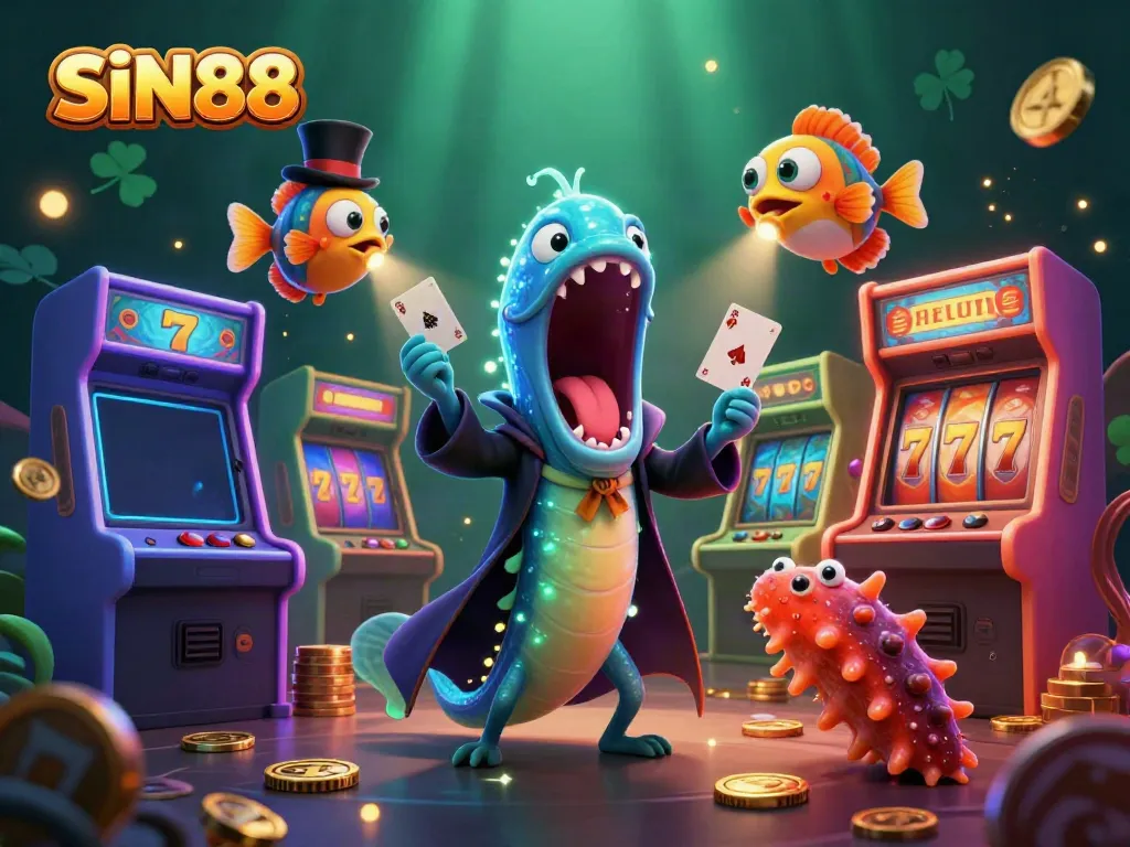 SIN88 showcases vibrant gambling fun with a deep-sea eel performing card tricks, illuminated by an anglerfish, amidst arcade games