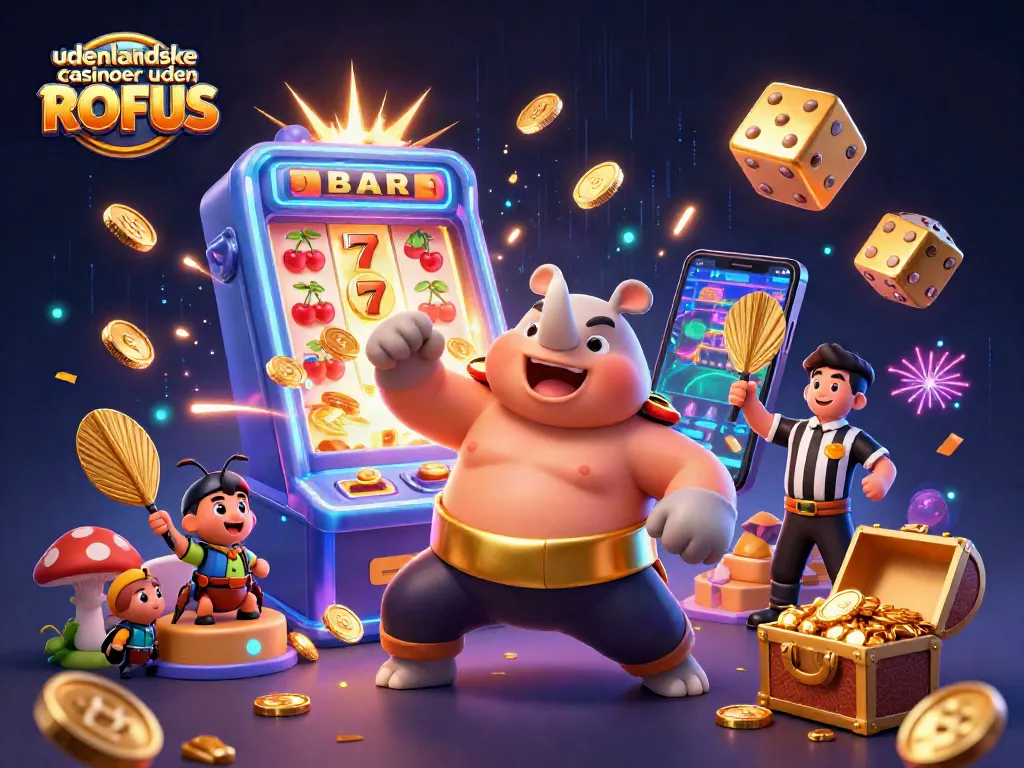 Experience excitement with udenlandske casinoer uden ROFUS as animated characters celebrate a jackpot explosion.