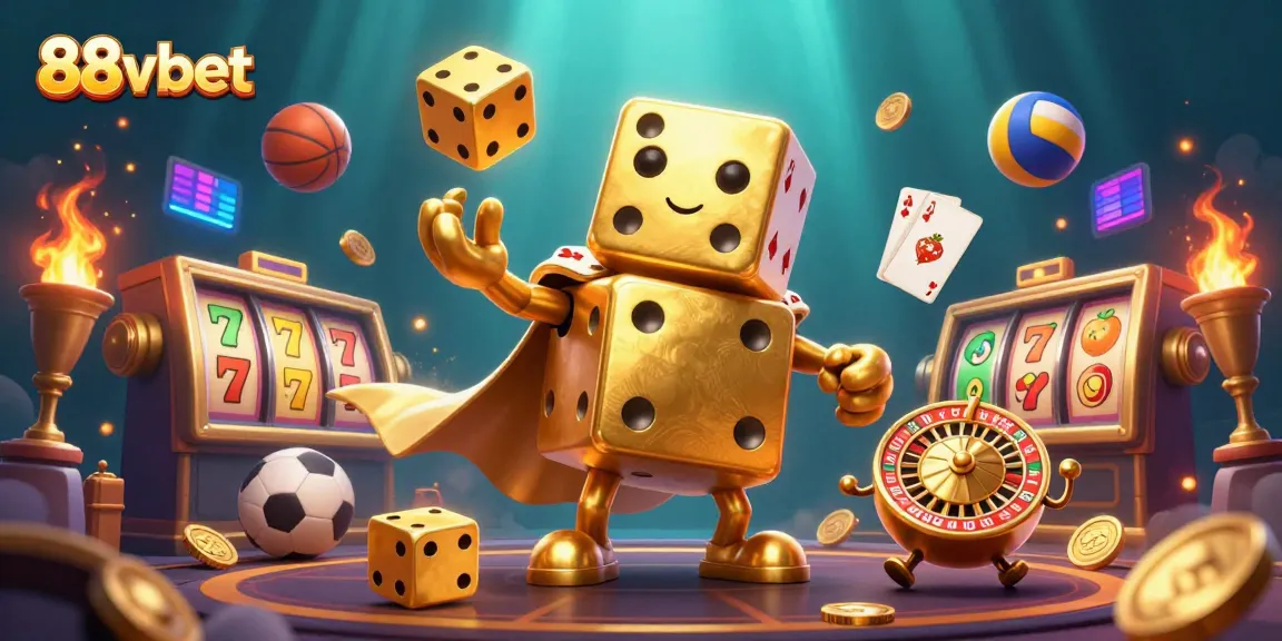 Experience the vibrant casino world with 88vbet's golden dice golem and dynamic elements.