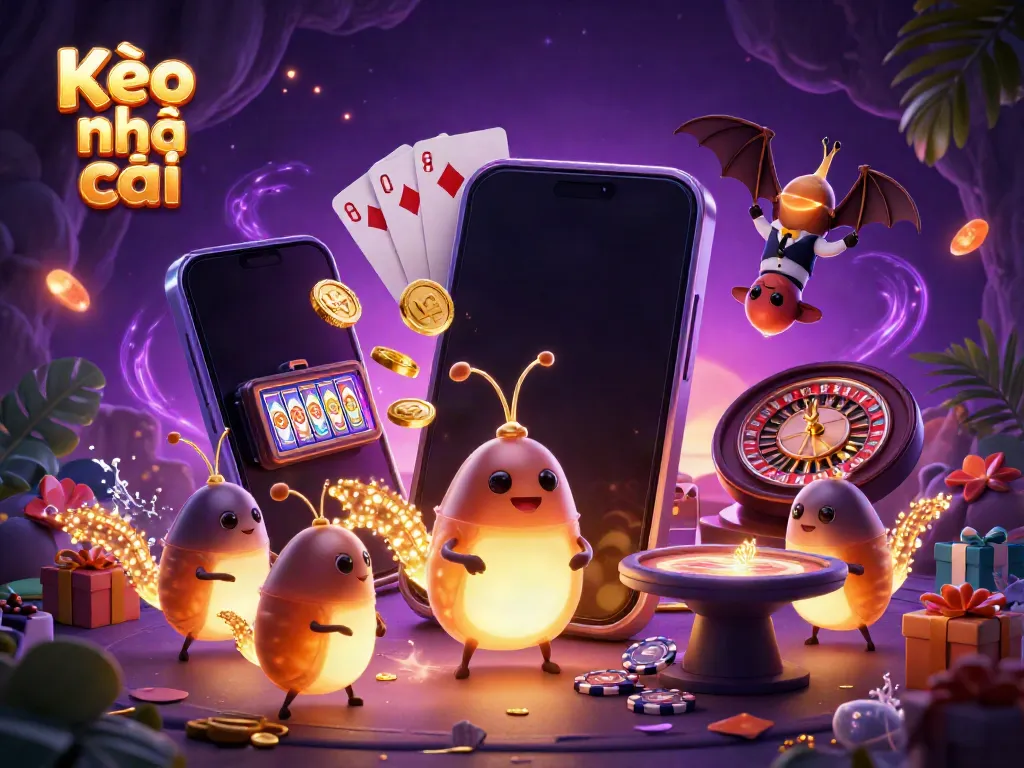Engaging illustration of Kèo nhà cái scene with glowing worms and a bat dealer in a vibrant casino atmosphere.