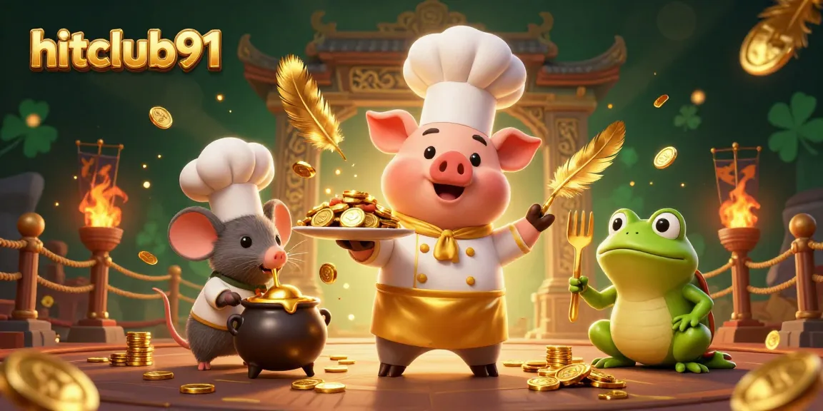 Gamblers enjoy luxury at hitclub91 as a pig chef serves gold coins surrounded by vibrant casino atmospherics.