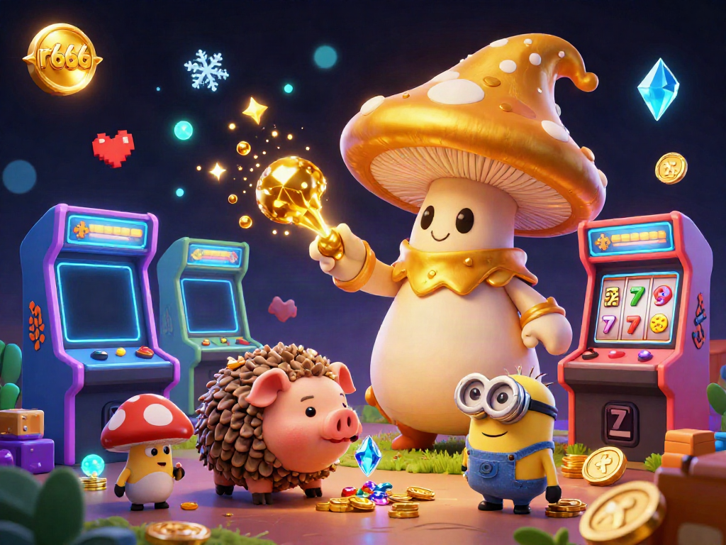 Experience magical gaming with the vibrant r666 casino scene featuring a golden mushroom wizard and treasure-finding pig.