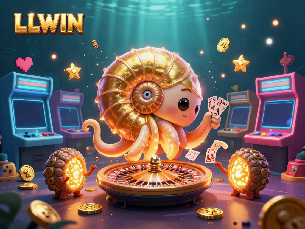 Experience LLWIN's vibrant 3D casino adventure with a giant nautilus and golden games.