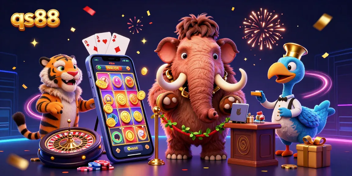 Experience the vibrant qs88 casino scene with a mammoth bouncer, a VIP tiger, and exciting games.