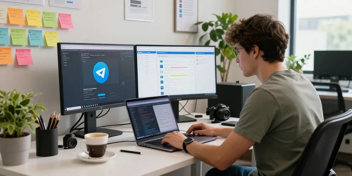 Using Telegram Web Version in a responsive tech workspace, featuring coding and collaboration.