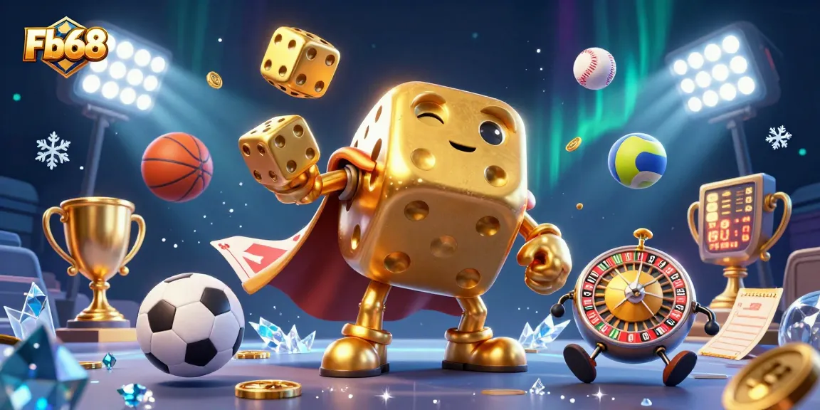 Engage with Fb68's dynamic betting experience featuring a golden dice golem and vibrant sports elements.