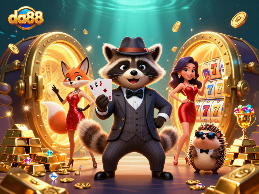 Engage in thrilling gameplay at da88 with a raccoon in a suit holding a royal flush, surrounded by gold treasures and excitement.