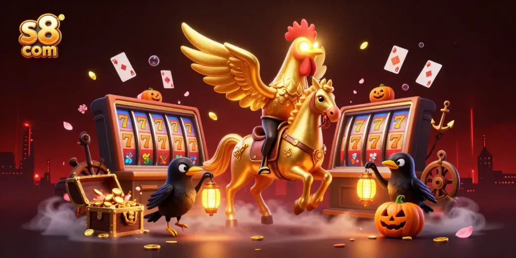 Experience excitement at s8 com with a vibrant gaming scene featuring a golden rooster character amidst a dazzling midnight casino.