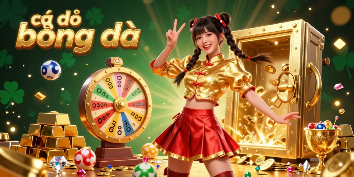 Cá độ bóng đá promotion featuring a joyful Asian woman celebrating amidst rich gambling winnings with colorful elements.