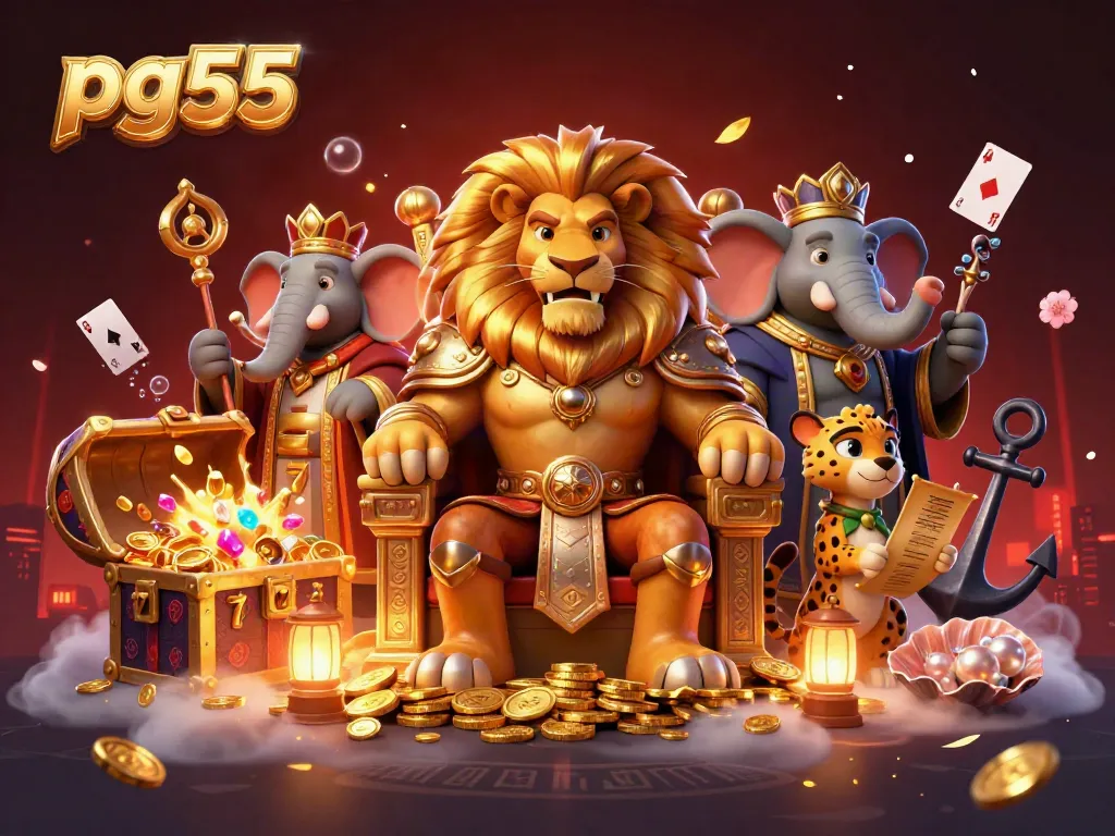 Join the exciting pg55 gaming adventure with vibrant characters and magical scenes in this casino-themed illustration.