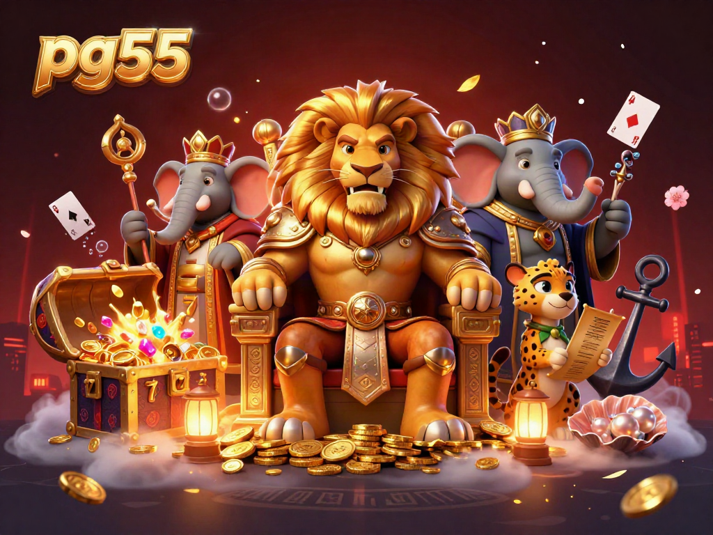 Join the exciting pg55 gaming adventure with vibrant characters and magical scenes in this casino-themed illustration.