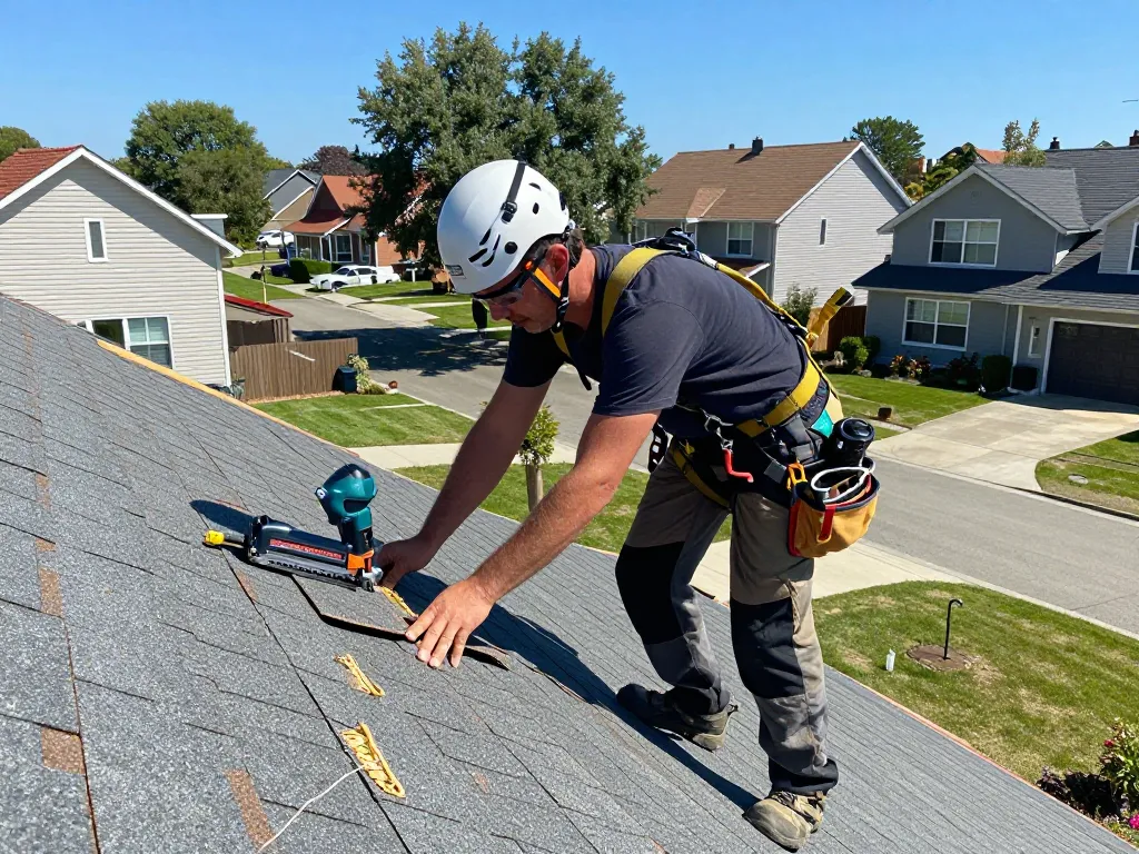 Dakdekker van De Kraaij die vakkundig shingles aanbrengt op een residentieel dak in een zonnige buurt.