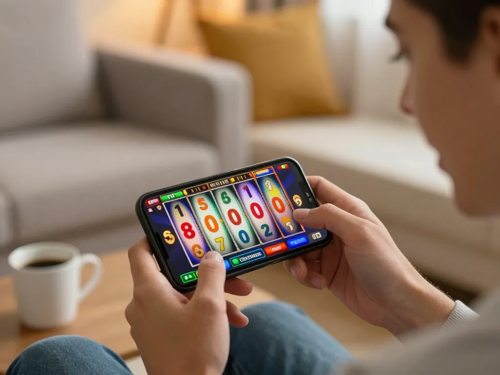 Engaging in a thrilling slot pulsa game on a smartphone, showcasing vibrant reels and excitement.