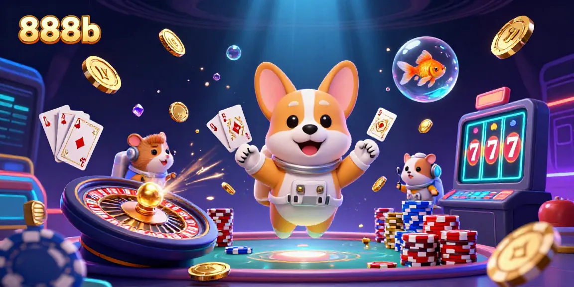 Experience the excitement of 888b in a vibrant 3D casino scene with a floating astronaut corgi and gaming elements.