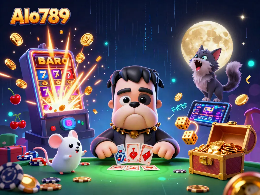 Alo789 showcases a vibrant 3D casino scene with a Frankenstein bulldog and a werewolf kitten in action.