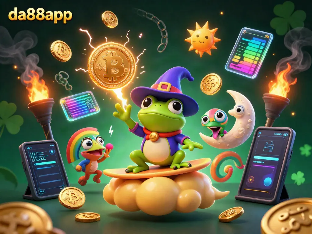 Experience big wins at da88app with a 3D rendering of the digital gaming landscape featuring vibrant characters and crypto elements.