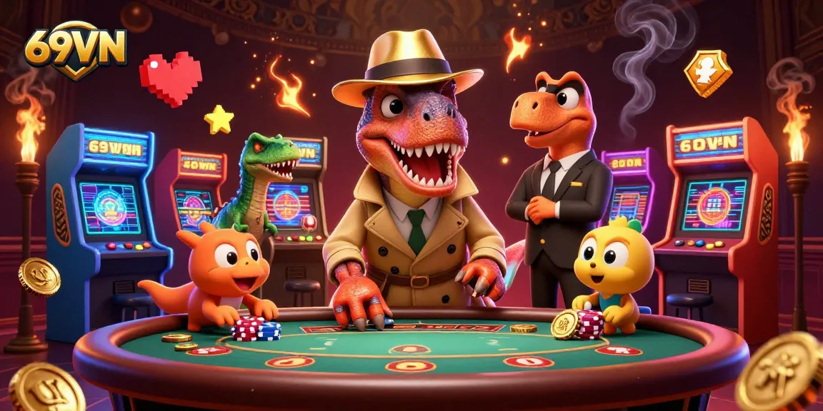Experience thrilling gaming at 69VN with a velociraptor card counter in a dynamic casino scene.