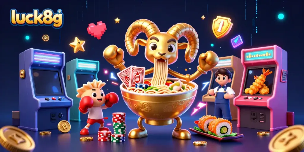 Experience the thrilling luck8g adventure with dynamic casino character art featuring cartoon creatures and game elements.
