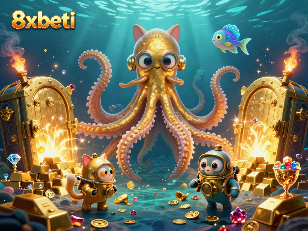 Engage with the 8xbeti gaming world where a kraken and diving cat uncover treasures in an underwater casino scene.