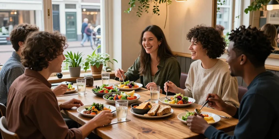 Enjoying vegetarian eten Utrecht with friends over colorful plant-based dishes.