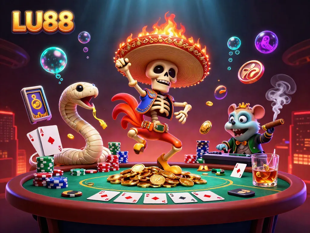 LU88 victory scene with a mariachi rooster dancing among poker chips and a mummy snake in a rich casino setting.