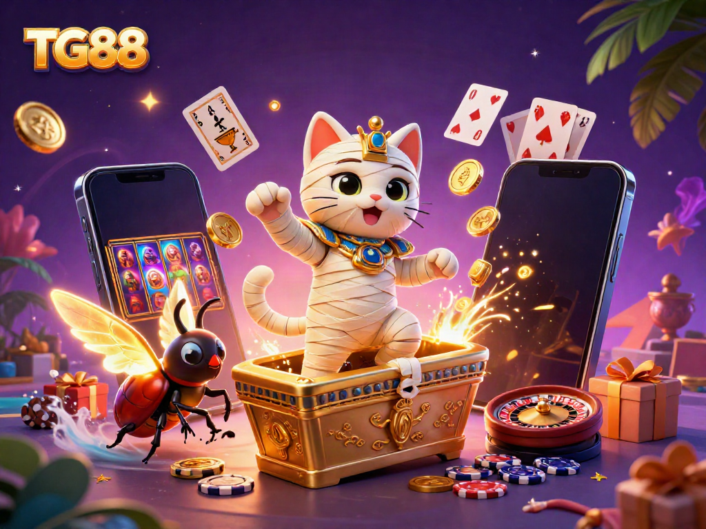 Experience the thrill at TG88 with a vibrant 3D illustration of a mummy cat and casino elements.