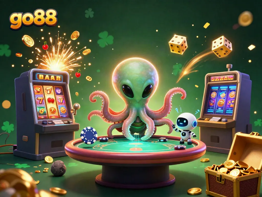 Experience go88's vibrant casino universe with an alien octopus and robot surrounded by dynamic game elements.