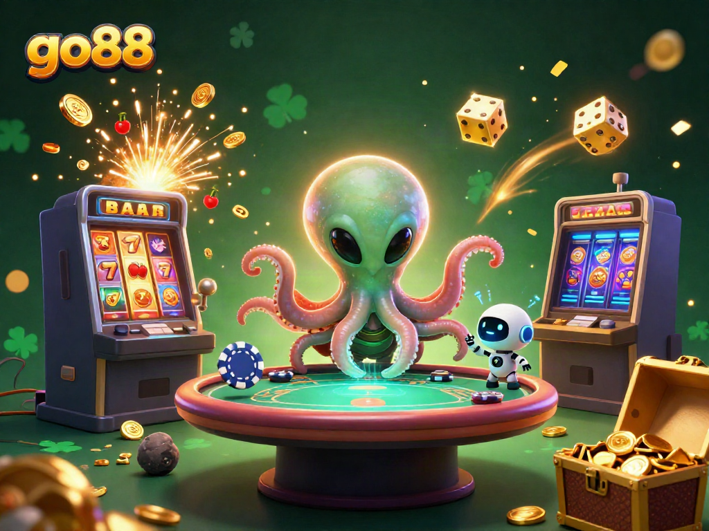 Experience go88's vibrant casino universe with an alien octopus and robot surrounded by dynamic game elements.