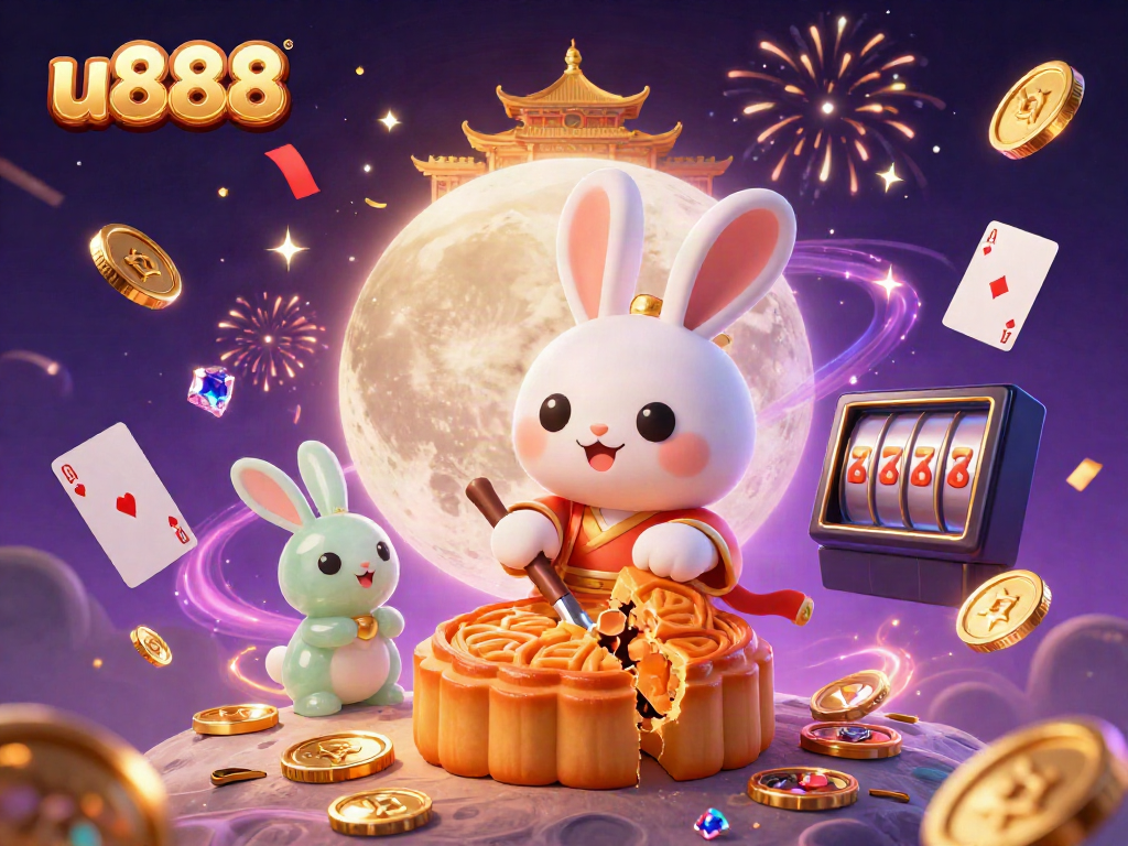 Experience fun with u888 as a moon rabbit cracks open mooncakes revealing poker chips!