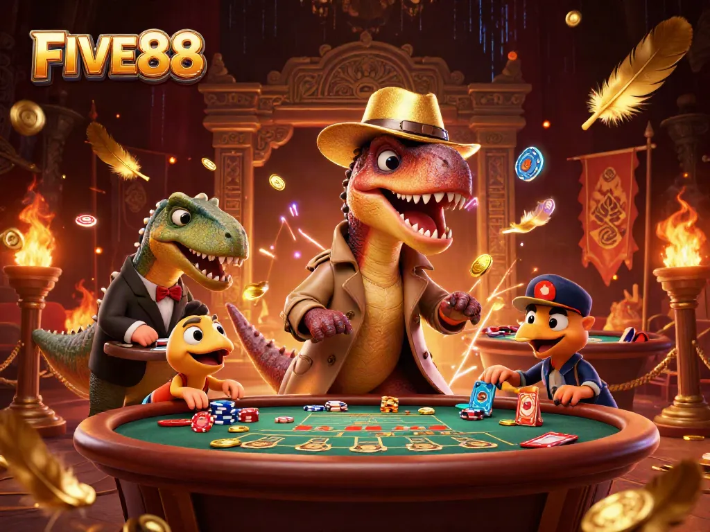 FIVE88 velociraptor card counter surrounded by casino elements in a vibrant gambling scene.