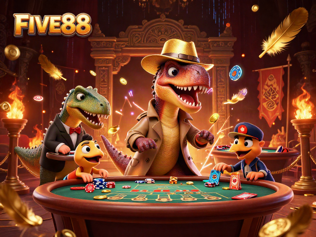 FIVE88 velociraptor card counter surrounded by casino elements in a vibrant gambling scene.