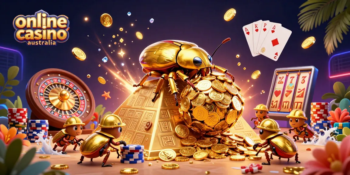 Engage with online casino Australia through vibrant illustration of a golden beetle and casino elements.