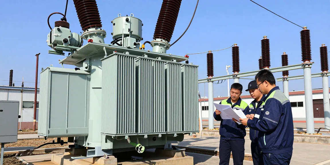 Inspectie van een hermetisch afgesloten transformator in een buitenstation door technici, met focus op veilige energieoplossingen.