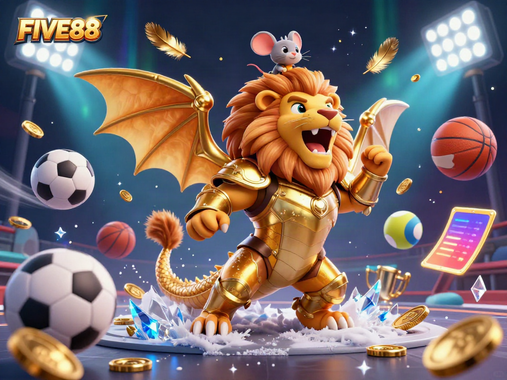 Experience exhilarating gameplay at FIVE88 with a dynamic casino illustration featuring fantasy champions and sports elements.
