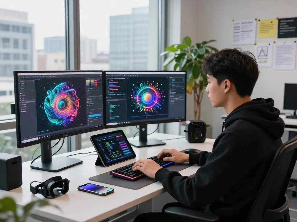 Dynamic tech workspace with developer using juicy ai tools and multiple screens showcasing AI-generated art.