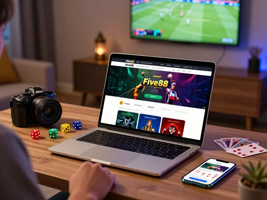 User engaged in Five88 đăng nhập on a laptop at a cozy desk, displaying sports betting options with ambient lighting.